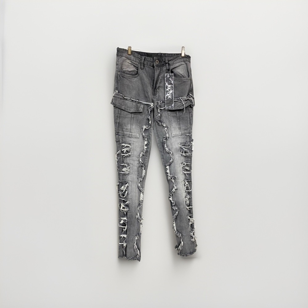 KDNK  Jean Mens 30 Grey Skinny Flare Zipped Calf's Stretch Distressed Light Wash